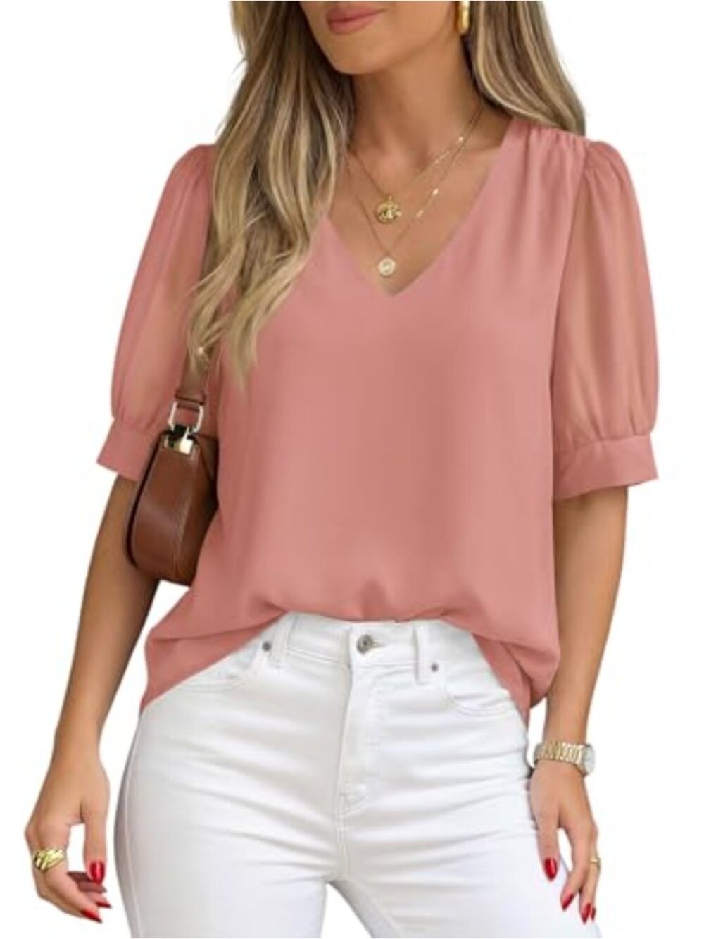 Womens Chiffon Blouse Puff Sleeve V Neck Business Casual Work Top